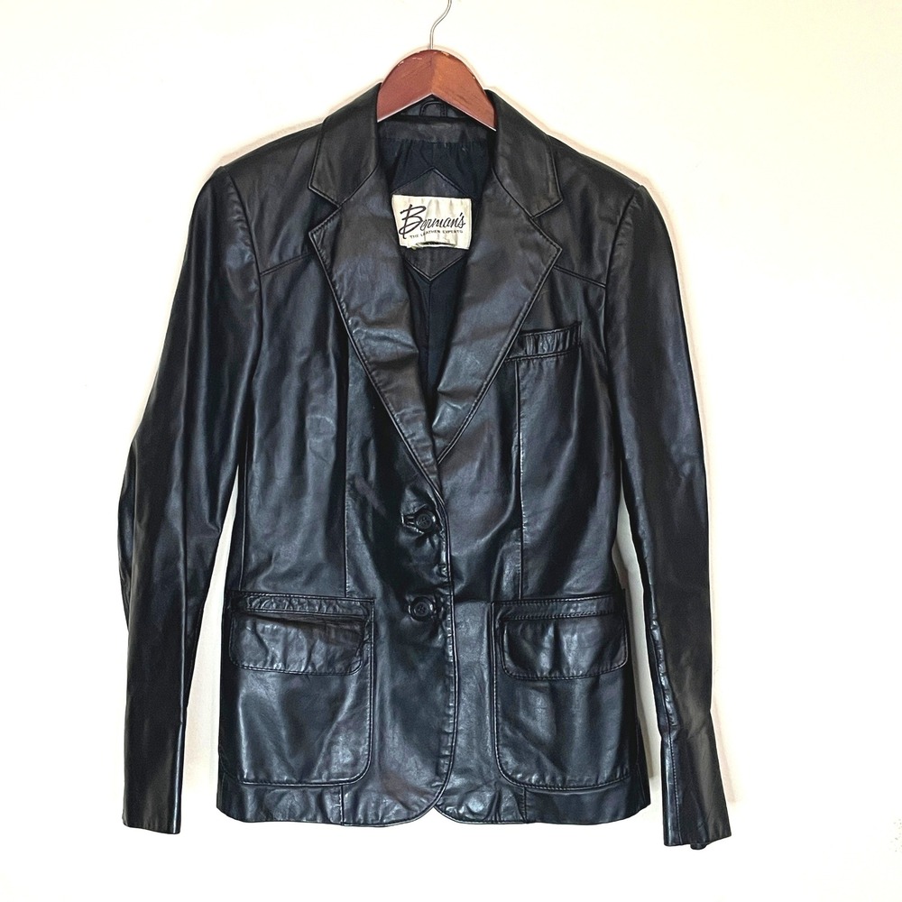 damaged Bermans Leather Experts Vintage Black Leather Blazer Jacket Two Button M